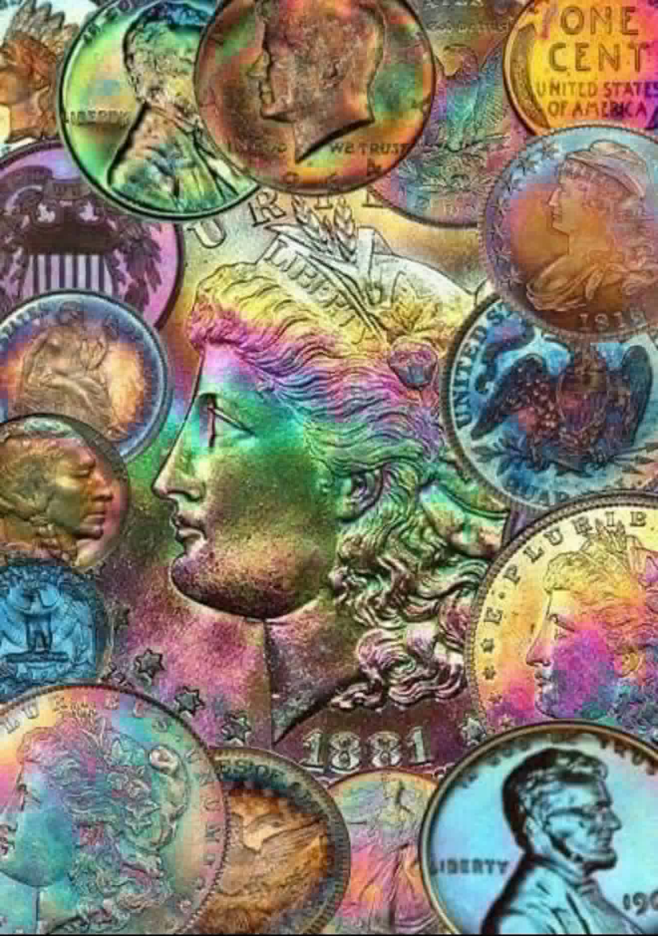 A pile of colorfully toned vintage U.S. coins, including Morgan dollars and wheat pennies